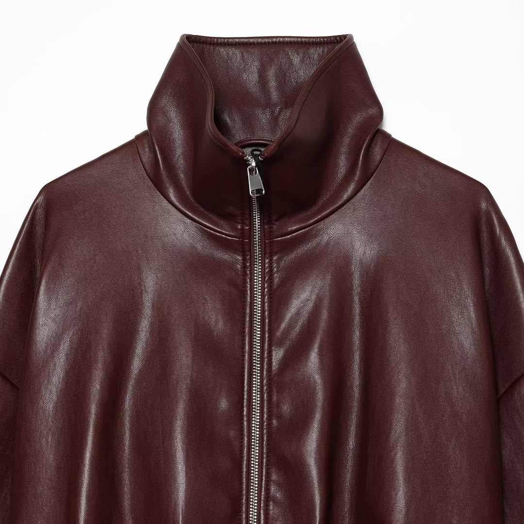 Damen Cropped Boxy-Bomberjacke in glänzender Lederoptik mit hohem Funnelkragen Echoarchiv