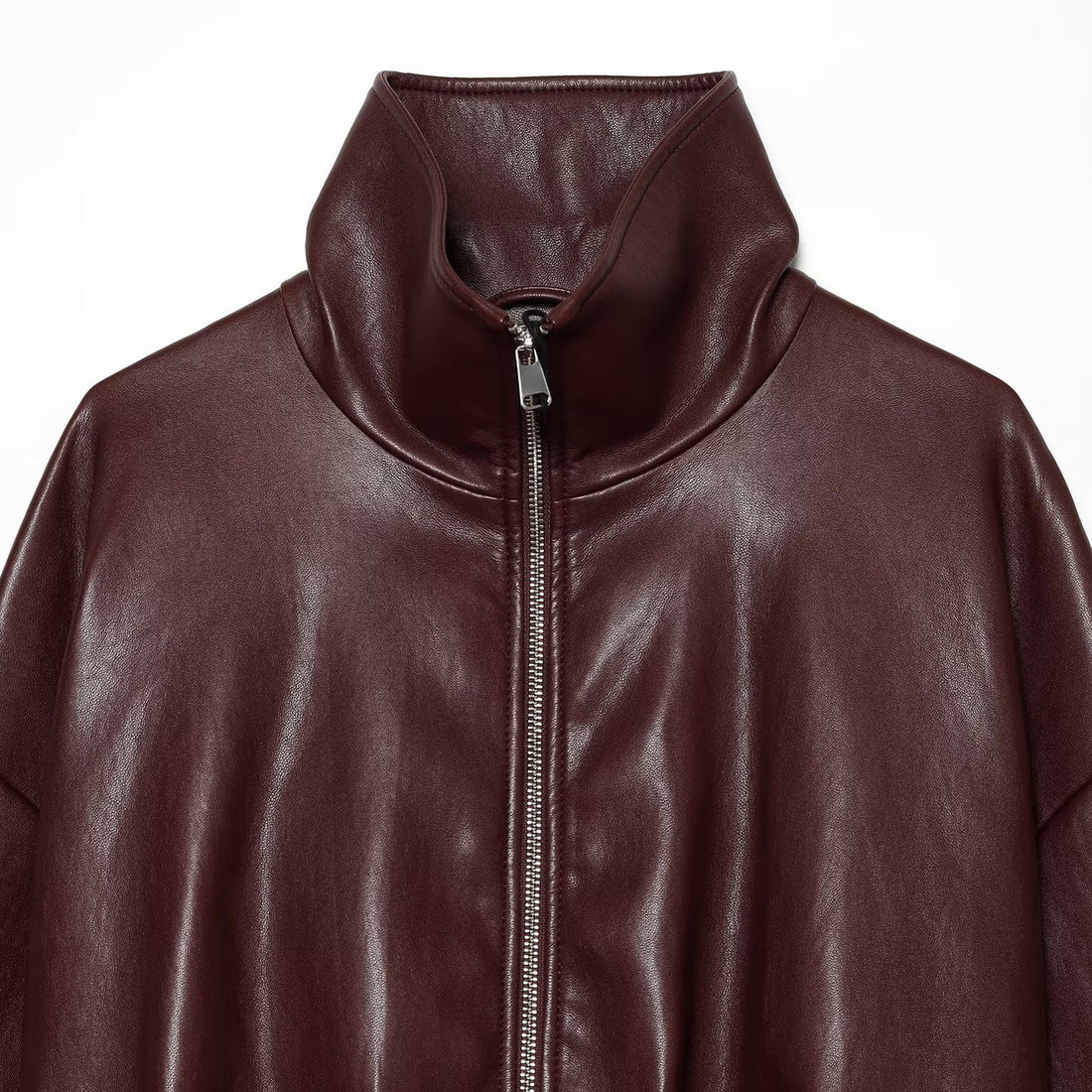 Damen Cropped Boxy-Bomberjacke in glänzender Lederoptik mit hohem Funnelkragen Echoarchiv