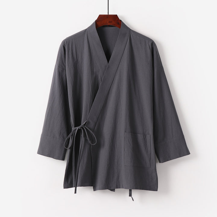 Damen Kimono-Cardigan aus Baumwoll-Leinen mit dreiviertelärmeln Bindegürtel und aufgesetzten Taschen Echoarchiv