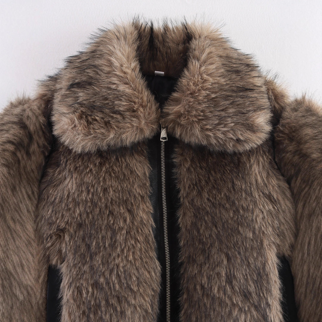 Damen Kurze Faux-Fur Bomberjacke mit Reißverschluss und Rippsaum Echo Archiv