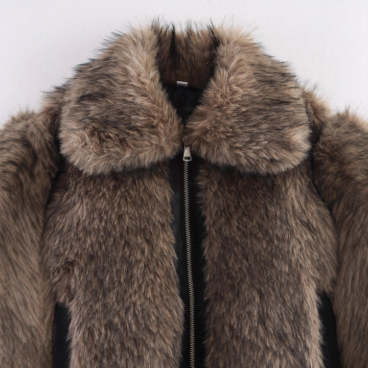 Damen Kurze Faux-Fur Bomberjacke mit Reißverschluss und Rippsaum Echo Archiv