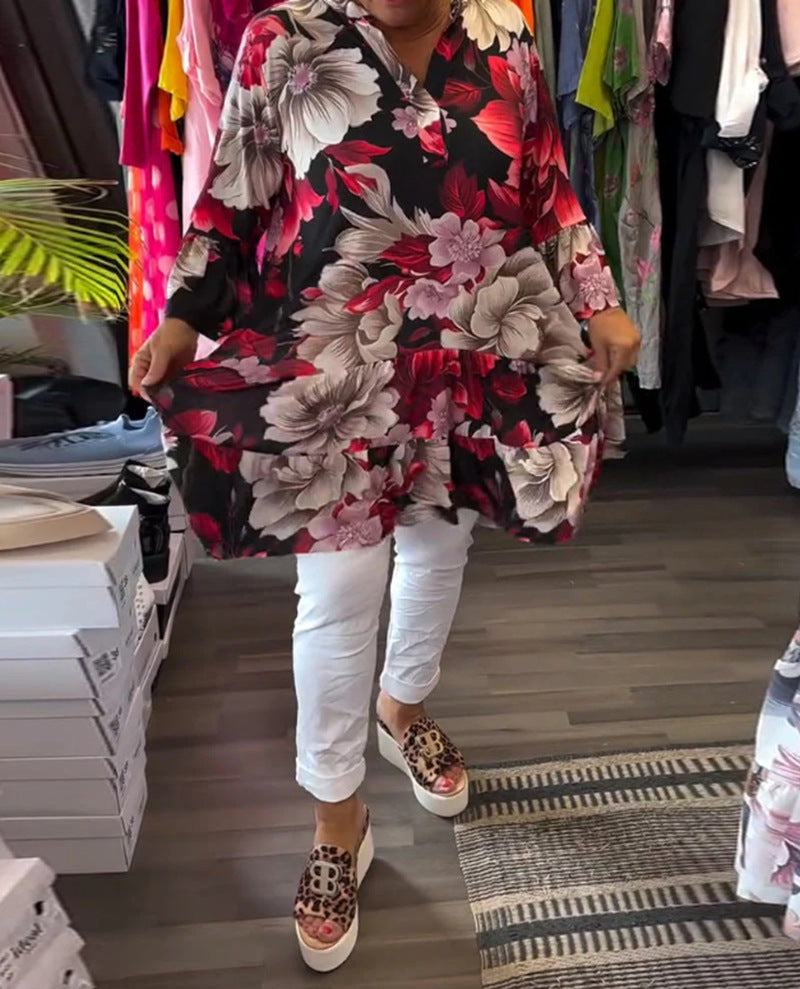 Damen nan schwingendes Tunika-Kleid im Babydoll-Stil mit V-Ausschnitt und Stufenvolants Echo Archiv