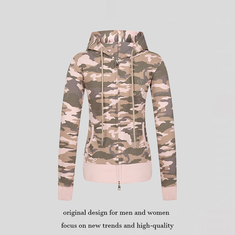 Damen Kapuzen-Sweatjacke mit zweiseitigem Reißverschluss, Camouflage-Print und Strass‑Schmetterling Echoarchiv
