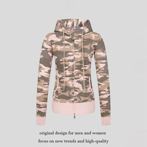 Damen Kapuzen-Sweatjacke mit zweiseitigem Reißverschluss, Camouflage-Print und Strass‑Schmetterling Echoarchiv