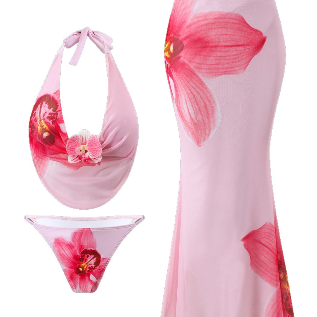 Damen Badeset mit floralem Wickelrock und Bauchfreies Oberteil Echo Archiv
