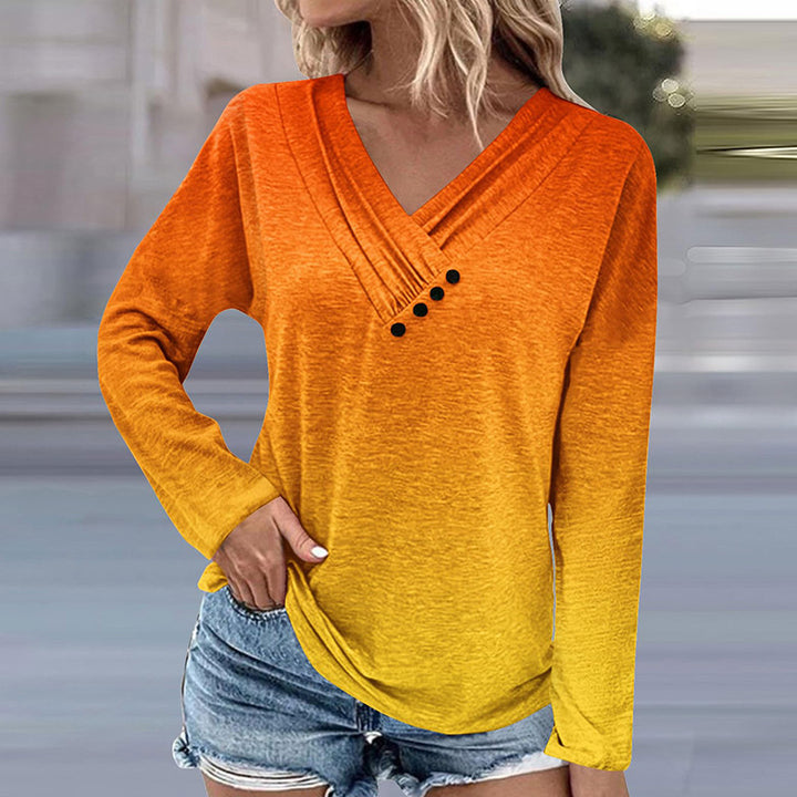 Damen Langärmeliges Ombré-Viskoseshirt mit V-Ausschnitt, Faltenlegung und Zierknöpfen – Avérine