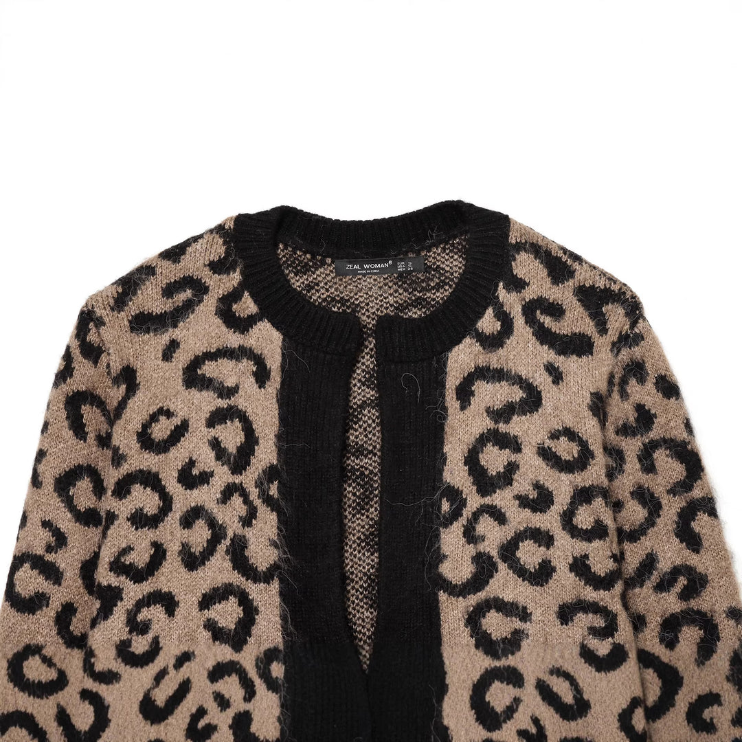 Damen nan kuschelige Leopard-Muster Strickjacke mit offener Front, Rippbündchen und weichem Mohair-Effekt Echo Archiv