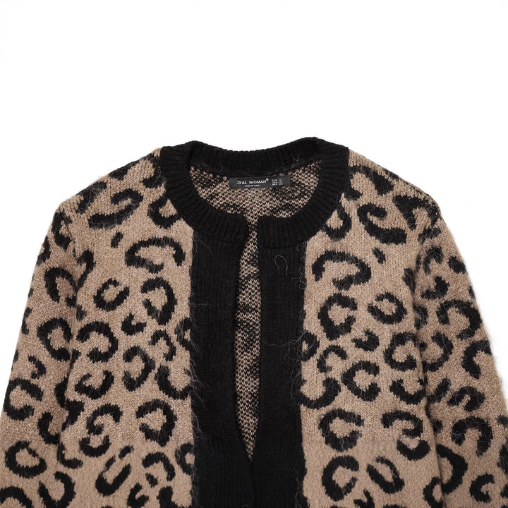 Damen nan kuschelige Leopard-Muster Strickjacke mit offener Front, Rippbündchen und weichem Mohair-Effekt Echo Archiv