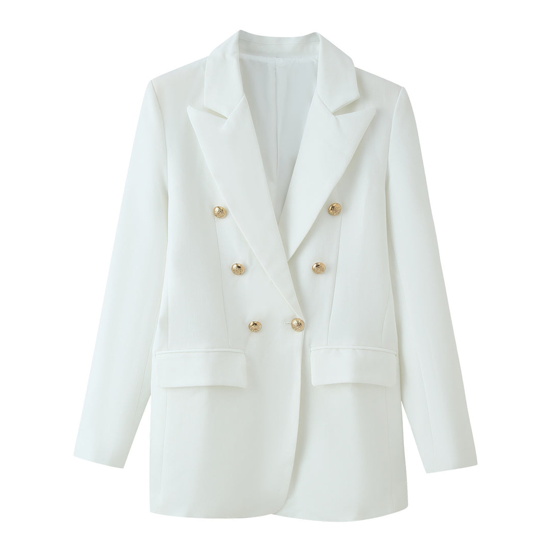 Damen Doppelreihiger Longline-Blazer mit Schalkragen und goldenen Zierknöpfen Echoarchiv