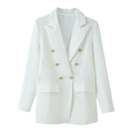 Damen Doppelreihiger Longline-Blazer mit Schalkragen und goldenen Zierknöpfen Echoarchiv