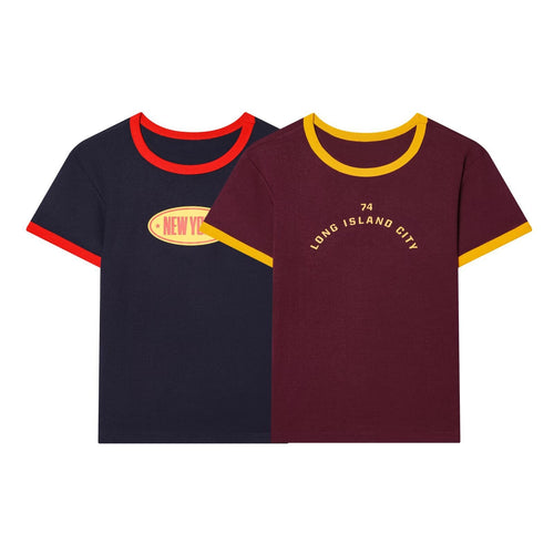 Damen Freizeit T-Shirt mit kontrastierenden Ärmeln und trendigem Schriftzug Echo Archiv
