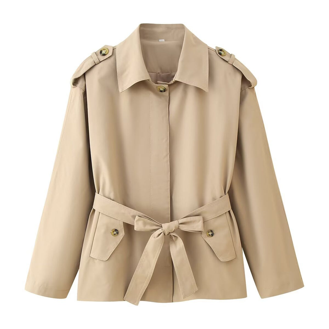 Damen Kurz‑Trenchjacke mit Taillengürtel, Schulterklappen und Pattentaschen Echo Archiv