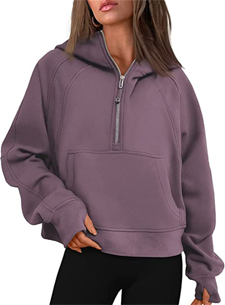 Damen Oversize-Hoodie mit halbem Reißverschluss, Kängurutasche und Daumenlöchern – Auréline
