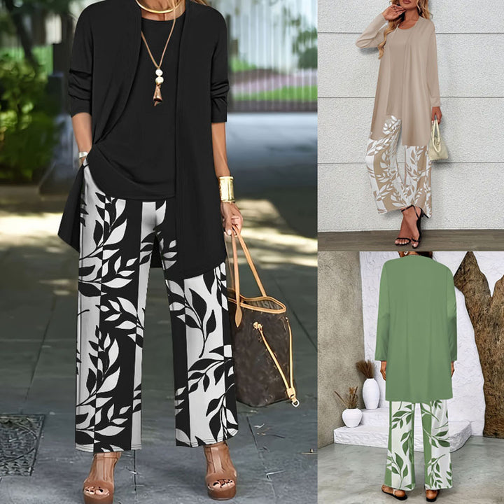 Damen Zweiteiler Offener Longcardigan mit Langarm und Palazzo‑Hose mit Blattprint – Élanora