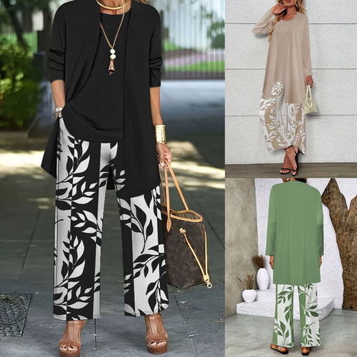 Damen Zweiteiler Offener Longcardigan mit Langarm und Palazzo‑Hose mit Blattprint – Élanora