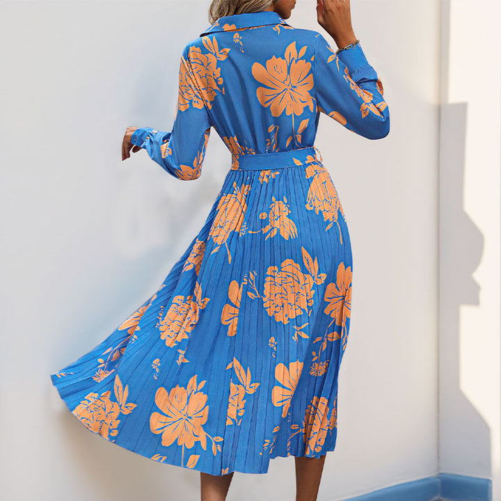 Damen Plissiertes Hemdblusenkleid mit Wickel‑V‑Ausschnitt, Taillengürtel und floralem Print Echoarchiv