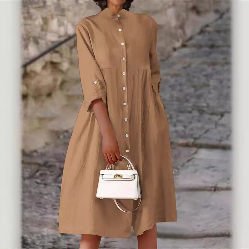 Damen Oversize Midi Kleid im Leinen-Look mit Stehkragen, Knopfleiste und Seiten Taschen – Élara