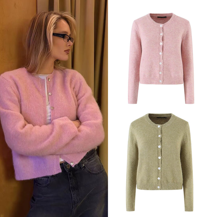 Damen Feinstrick-Cardigan mit Rundhalsausschnitt, Perlmuttknopfleiste und flauschiger Mohair-Optik Echo Archiv