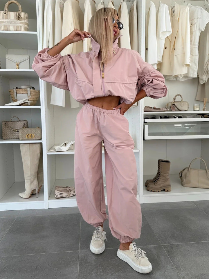 Damen Leichter Nylon-Trainingsanzug mit Bomberjacke und weitem Jogger Echoarchiv
