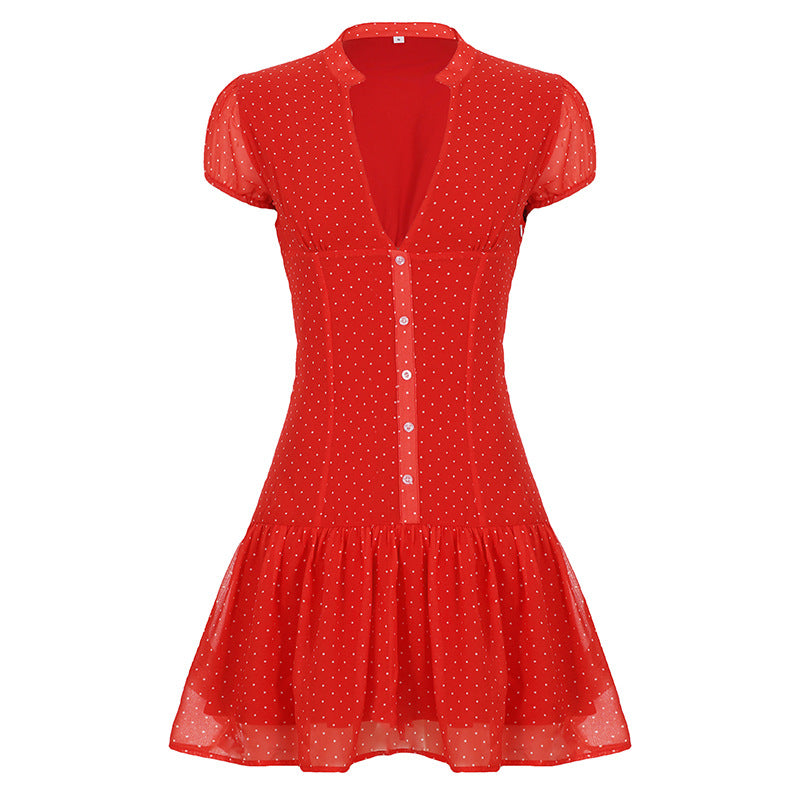 Damen verspieltes Polka Dot Kleid mit knopfbarem Ausschnitt und voluminösem Saum Echo Archiv
