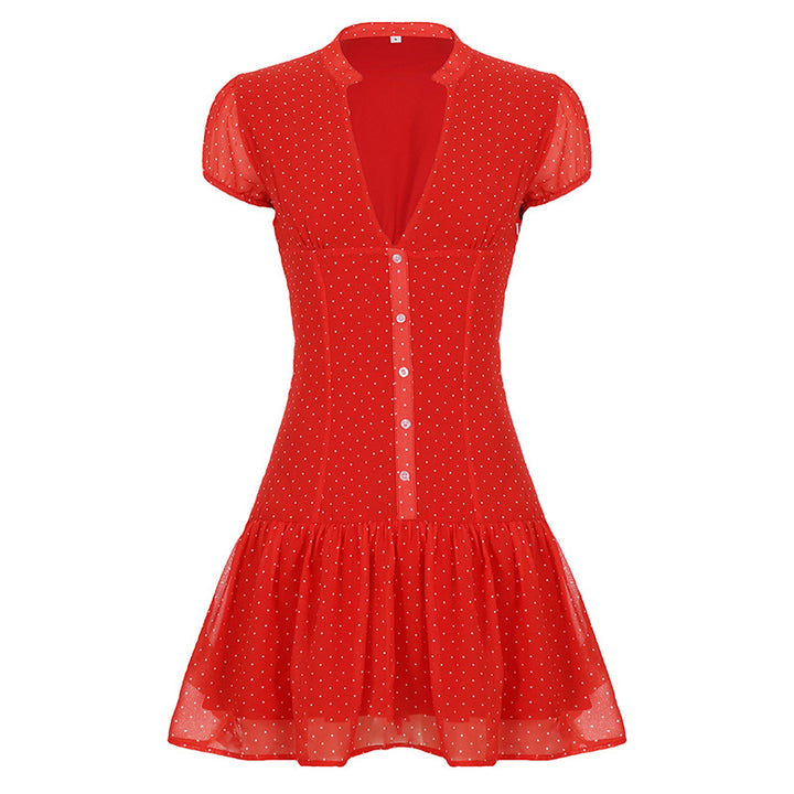 Damen verspieltes Polka Dot Kleid mit knopfbarem Ausschnitt und voluminösem Saum Echo Archiv