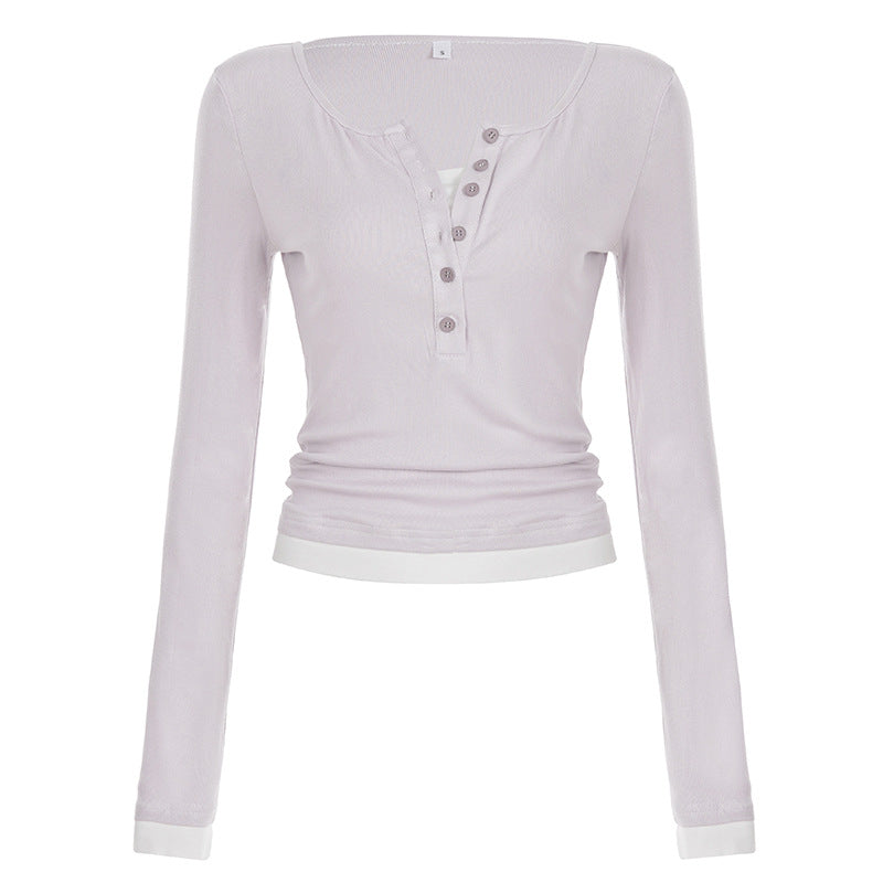 Damen nan tailliertes Henley-Crop-Longsleeve mit kontrastierenden Saum- und Ärmelbündchen Echo Archiv
