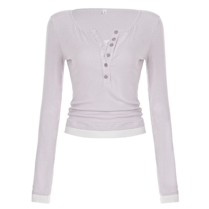 Damen nan tailliertes Henley-Crop-Longsleeve mit kontrastierenden Saum- und Ärmelbündchen Echo Archiv