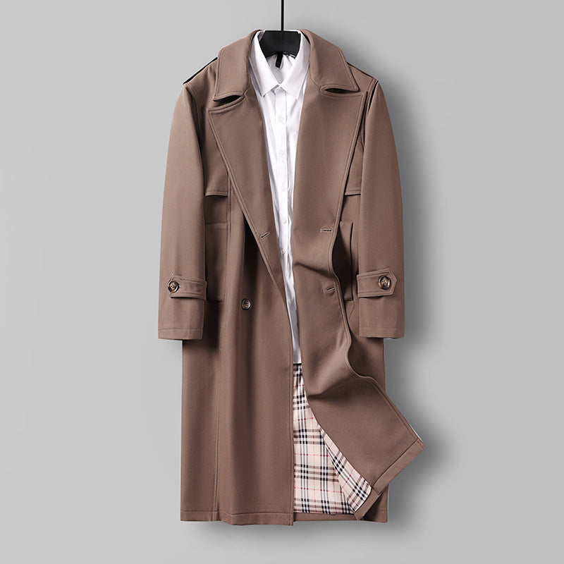 Herren Midilanger Doppelreihiger Trenchcoat mit Taillengürtel, abgefalcetem Revers und kariertem Innenfutter Echoarchiv