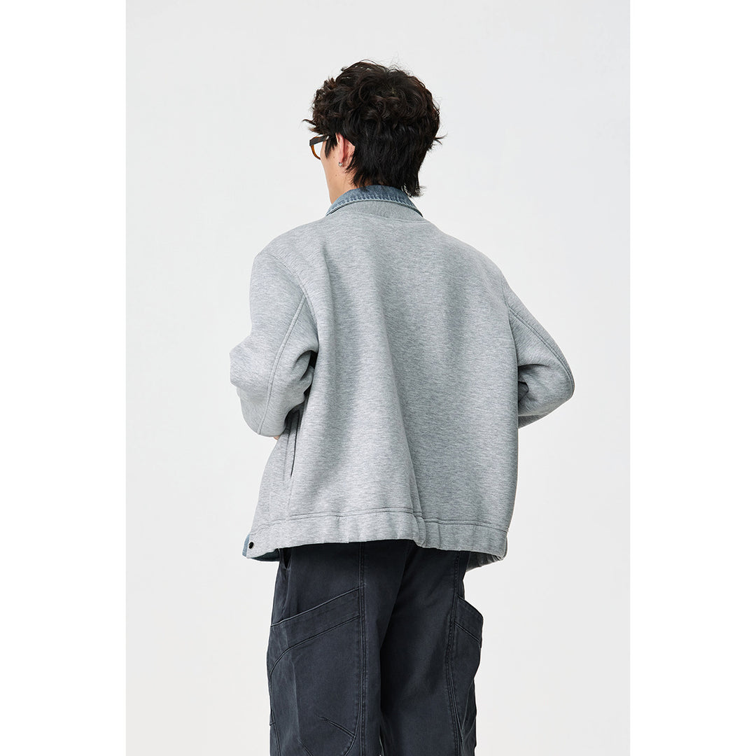 Unisex Lagenlook-Boxy Blouson mit integriertem Denim-Kragen und Druckknopfleiste Echoarchiv