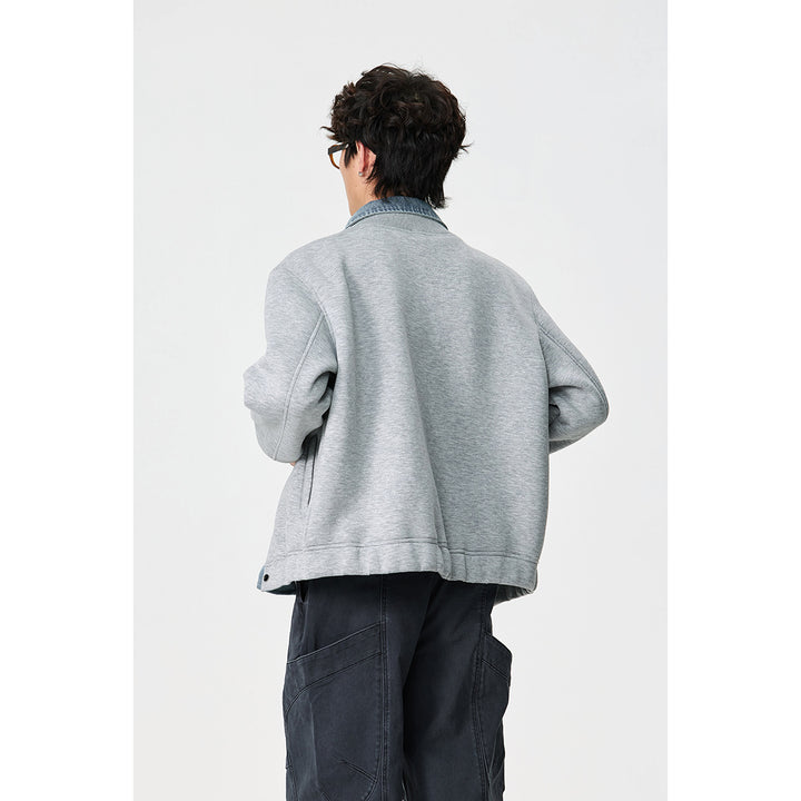 Unisex Lagenlook-Boxy Blouson mit integriertem Denim-Kragen und Druckknopfleiste Echoarchiv