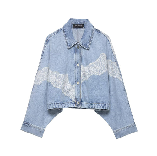 Damen Kurz geschnittene Oversize-Jeansjacke mit Spitzendetail und Fledermausärmeln Echo Archiv