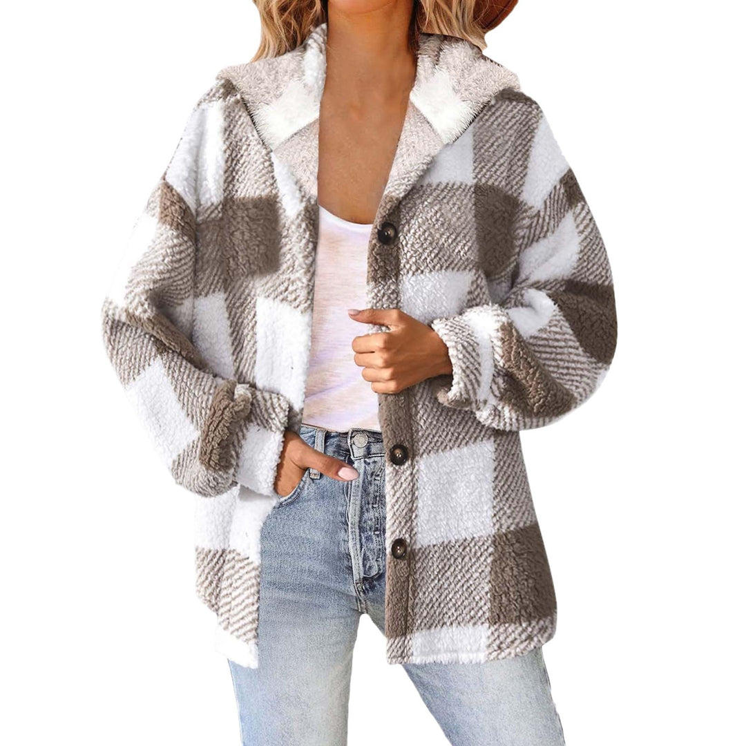 Damen nan kuschelige karierte Teddyjacke mit Kapuze, Knopfverschluss und oversized Schnitt Echo Archiv
