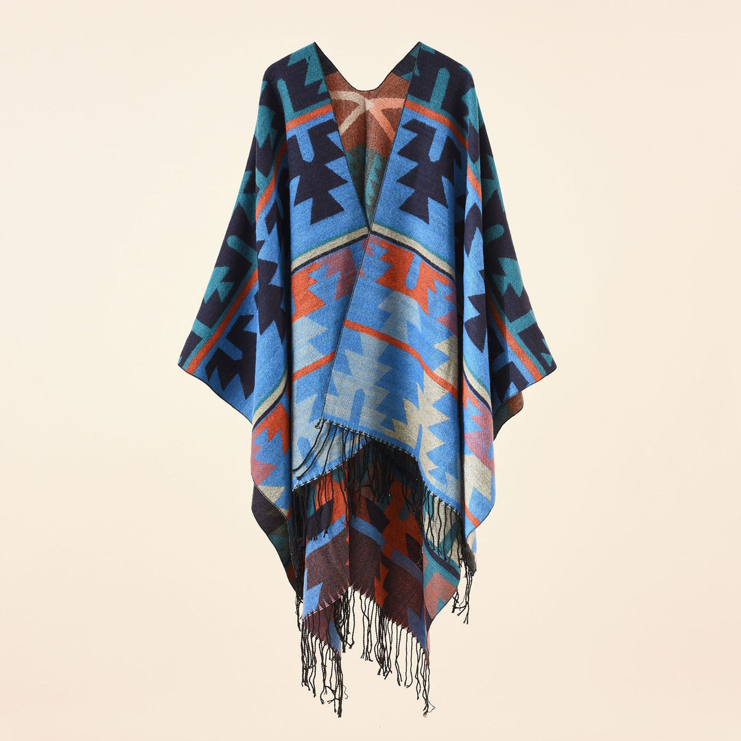 Damen Oversize-Ruana mit V‑Ausschnitt, grobem Jacquardmuster und langen Fransen Echo Archiv