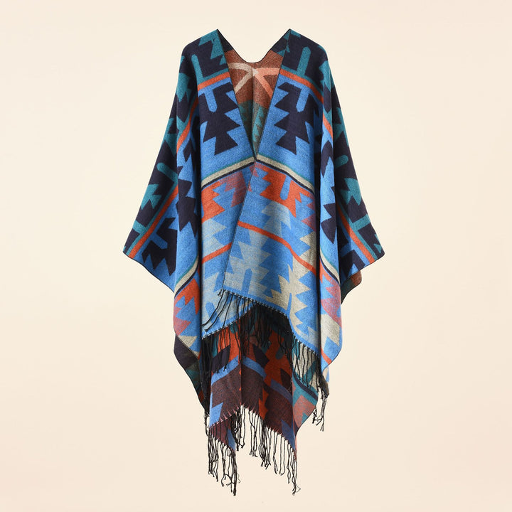 Damen Oversize-Ruana mit V‑Ausschnitt, grobem Jacquardmuster und langen Fransen Echo Archiv