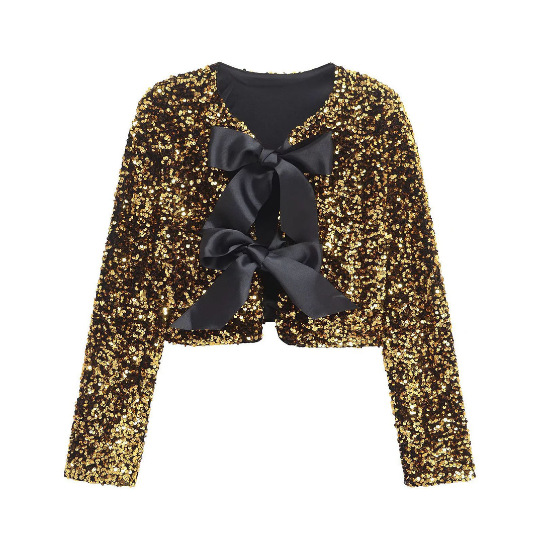 Damen Pailletten-Bolerojacke mit doppelschleifen-Verschluss, gefütterter Innenlage und tailliertem Cropped-Schnitt – Célinea