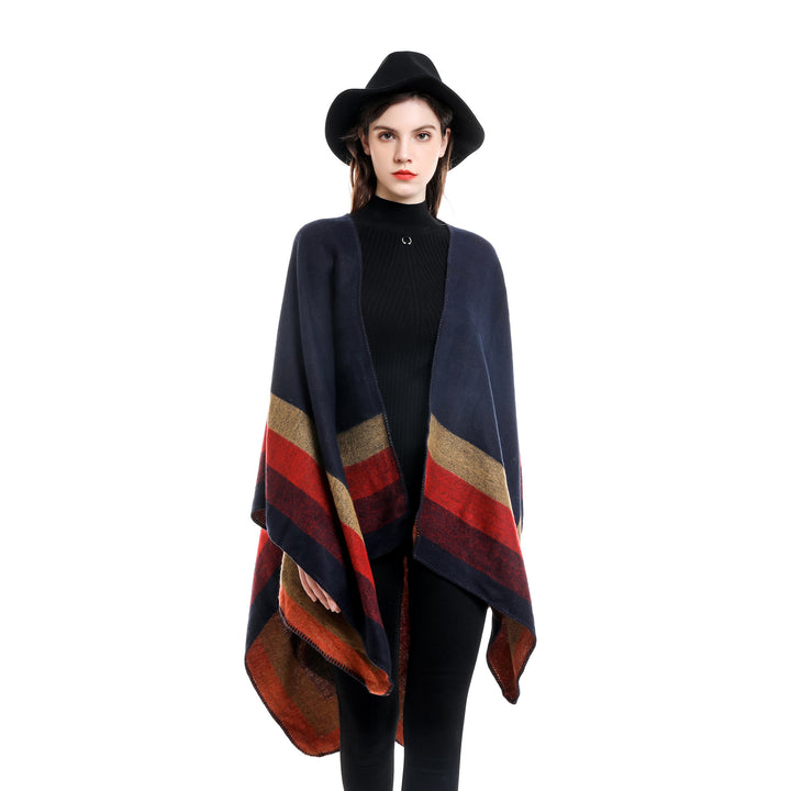 Damen Offener Strick‑Cape‑Poncho mit kontrastierenden Blockstreifen und Zierstich – Avérine