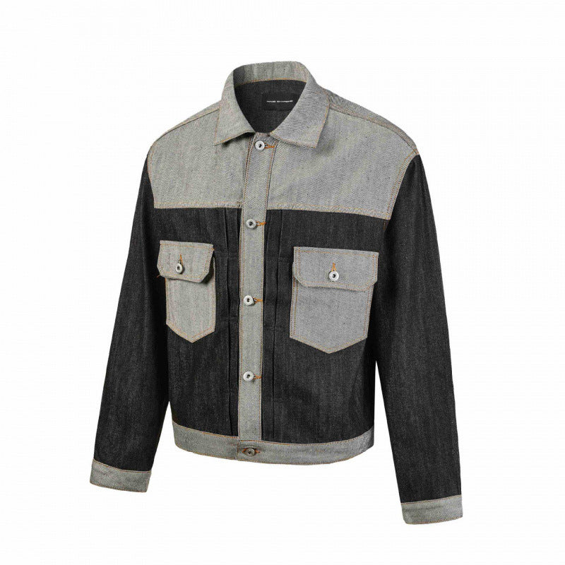 Herren Kurz geschnittene Patchwork-Denimjacke mit aufgesetzten Pattentaschen und konstruktiver Nahtführung Echo Archiv