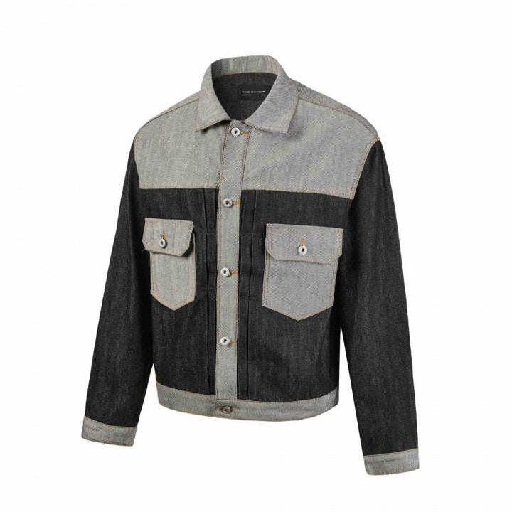 Herren Kurz geschnittene Patchwork-Denimjacke mit aufgesetzten Pattentaschen und konstruktiver Nahtführung Echo Archiv