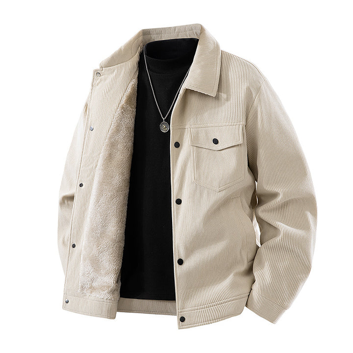 Männliche -Cord-Jacke mit Kunstschafsleder-Futter und Druckknopfverschluss Echo Archiv