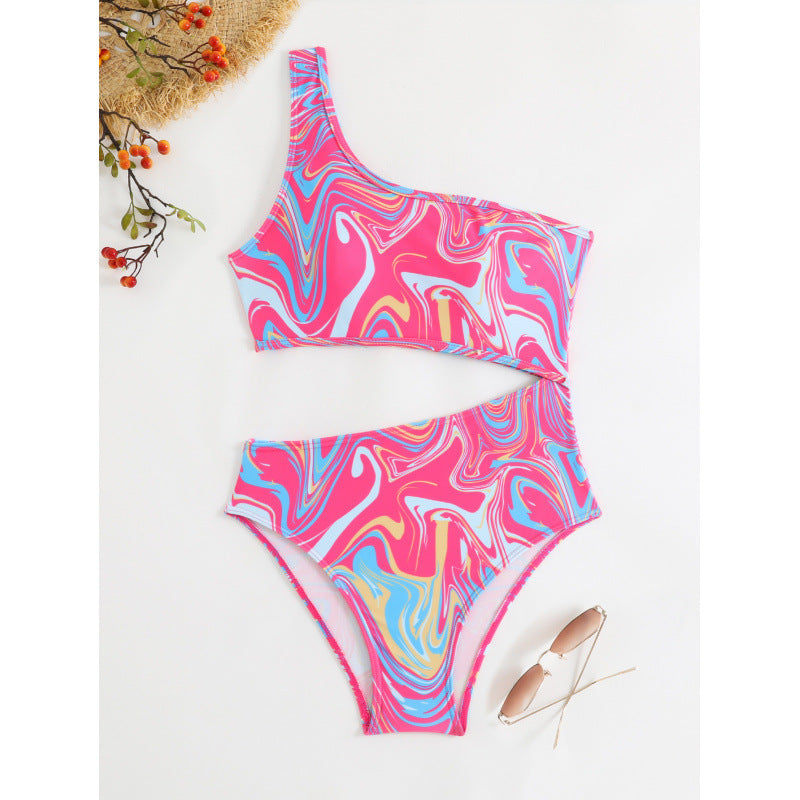 Damen One-Shoulder Bikini-Set mit buntem Muster und hohem Beinausschnitt Echo Archiv