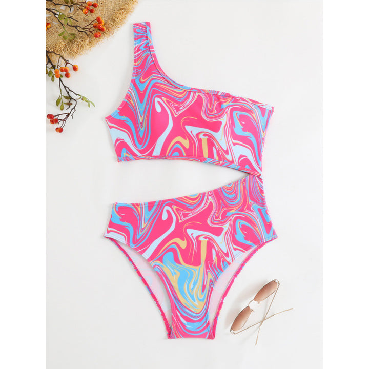 Damen One-Shoulder Bikini-Set mit buntem Muster und hohem Beinausschnitt Echo Archiv