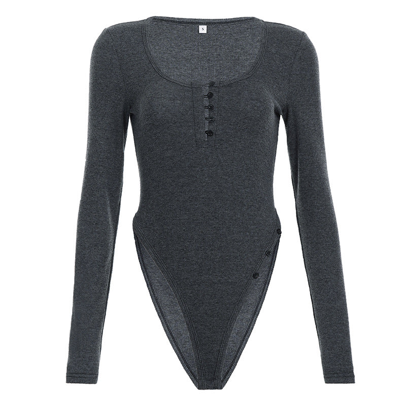Damen figurbetonter Langarmbody mit elegantem V-Ausschnitt und Druckknopfdetail Echo Archiv