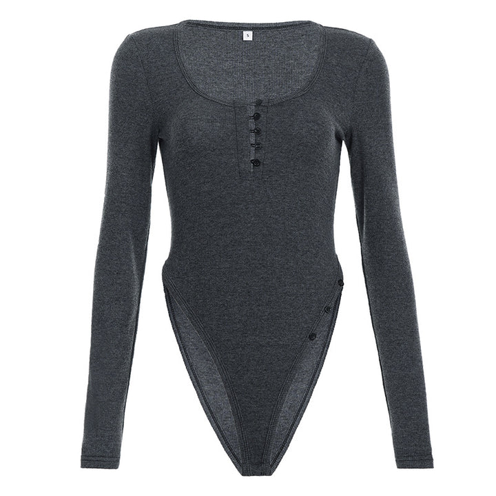 Damen figurbetonter Langarmbody mit elegantem V-Ausschnitt und Druckknopfdetail Echo Archiv