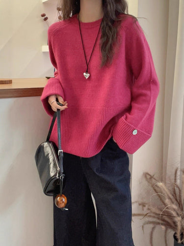 Damen Oversize‑Feinstrickpullover mit breitem Rippbund, extraweiten Ärmelabschlüssen und Zierknopf Echoarchiv