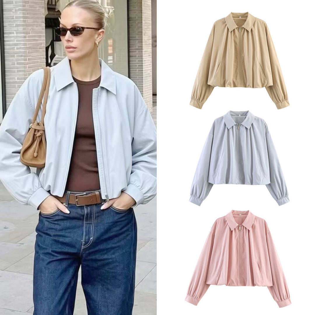 Damen Leichte Cropped Blouson-Jacke mit Hemdkragen, Reißverschluss und Gummizugsaum Echo Archiv