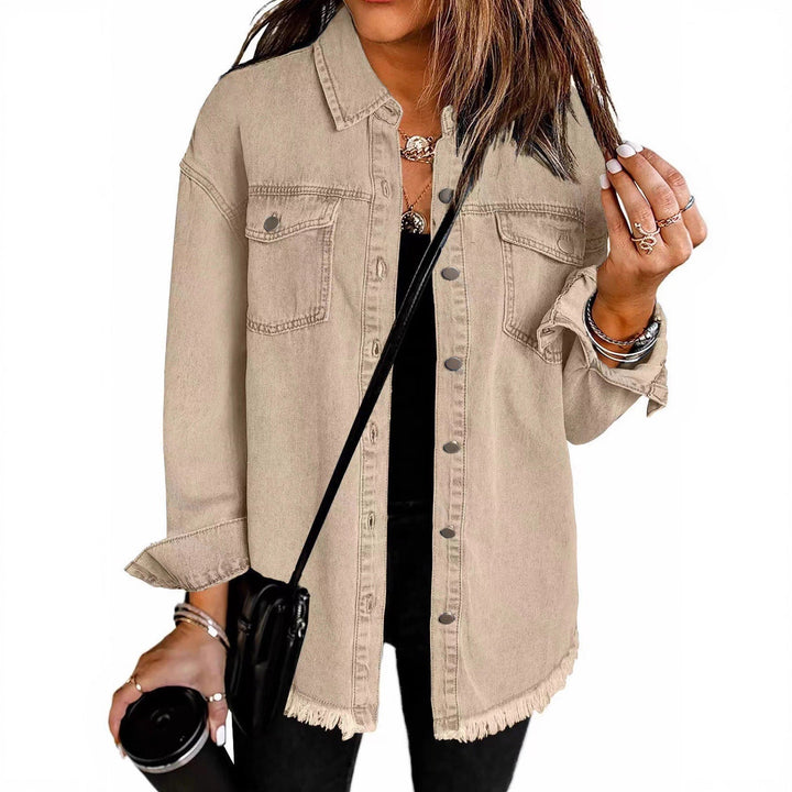 Damen Denim Overshirt mit fransigem Saum und Brusttaschen Echoarchiv