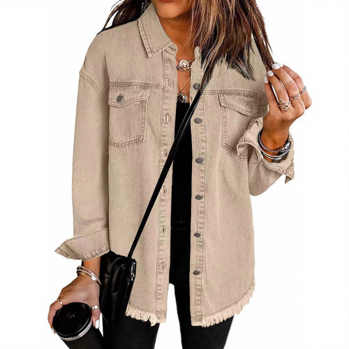 Damen Denim Overshirt mit fransigem Saum und Brusttaschen Echoarchiv