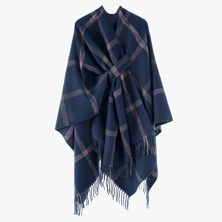 Damen Oversize-Capeponcho aus Wollmix mit Bindegürtel, Fransen und großem Karomuster Echo Archiv
