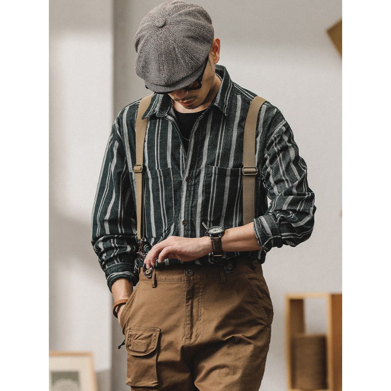 Herren Gestreiftes Overshirt-Hemd aus Baumwoll-Leinen mit Brusttaschen Echoarchiv