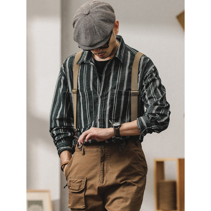 Herren Gestreiftes Overshirt-Hemd aus Baumwoll-Leinen mit Brusttaschen Echoarchiv